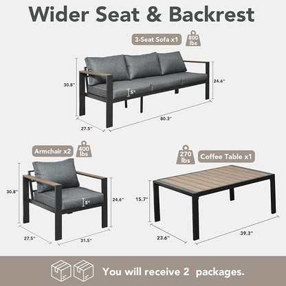 Patio Furniture Set 5 Seats and Coffee Table, Patio Conversation Set with Washable Thick Cushions, Deluxe Aluminum Modern Outside Sectional for Porch, Balcony, Deck, Yard, Light Gray