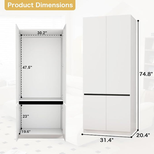 White Armoire Wardrobe Closet: 74" Wooden Wardrobe Closet with 2 Doors, Bedroom Armoires with Hanging Rod, Tall Closets Cabinet for Hanging Clothes (31.5")