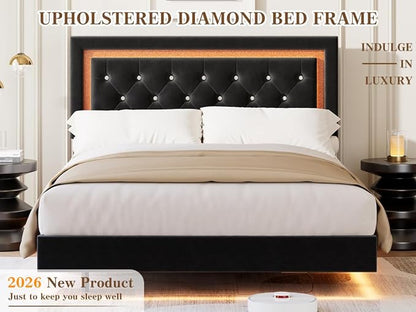 Garvee Floating Bed Frame Queen Size with Smart Led Lights, Upholstered Platform Bed with Diamond Headboard, Solid Wood Slats Support, No Box Spring Needed, Noise-Free, Easy Assembly, Black
