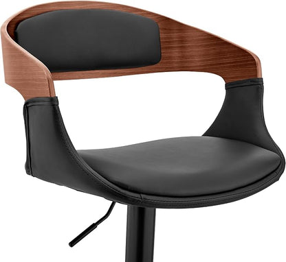 Armen Living Benson Adjustable Height Black Faux Leather and Walnut Wood Bar Stool with Black Base