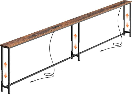Huuger 118.1 Inch Sofa Table with Power Outlets, 23.9’’-34.4’’ Height Adjustable Range, Behind Couch Table with USB-C Ports, Sofa Tables Narrow Long, Skinny Console Table, Small Spaces, Rustic Brown