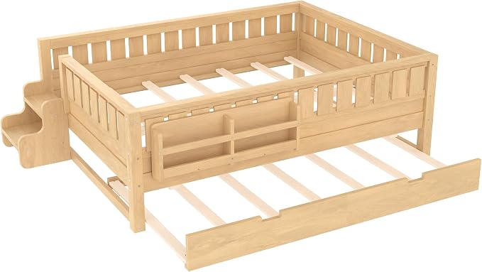 Bellemave Full Kids Montessori Bed with Stairs, Bookshelf and Trundle, Solid Wood Kids Bed Frame with Storage for Boys Girls, Low Profile,Light Natural