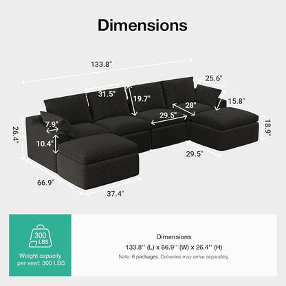 Novilla 133.8" Modular Cloud Couch, Modern Sectional Sofa with Smarts Coil® Support, Chenille Fabric, Upholstered Couch for Living Room Apartments Bedroom, No Assembly, 4 Seater + 2 Ottoman, Dark Grey