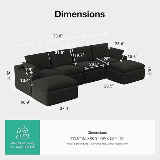 Novilla 133.8" Modular Cloud Couch, Modern Sectional Sofa with Smarts Coil® Support, Chenille Fabric, Upholstered Couch for Living Room Apartments Bedroom, No Assembly, 4 Seater + 2 Ottoman, Dark Grey