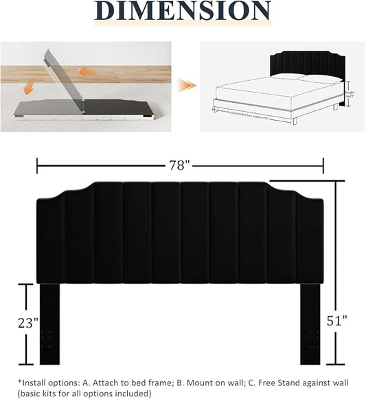 Befurtori King Size Headboard Only, Velvet Wall Mounted Headboard King for Adjustable Bed Modern Upholstered Head Board Easy Assembly, Black