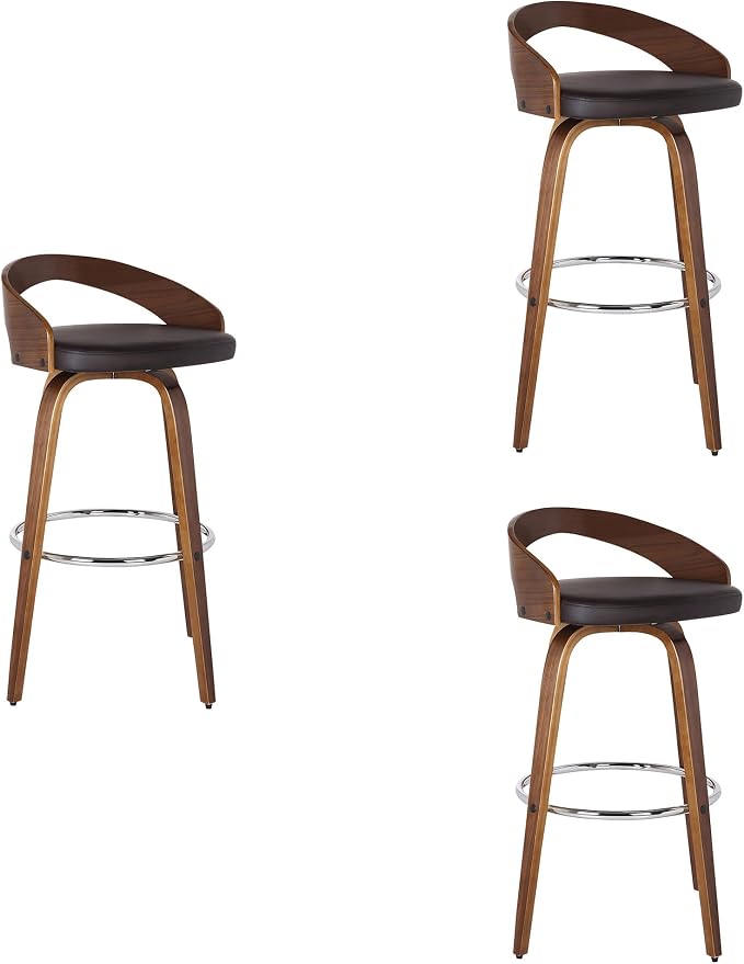 Armen Living Sonia 26" Counter Height Swivel Brown Faux Leather and Walnut Wood Bar Stool - Set of 4