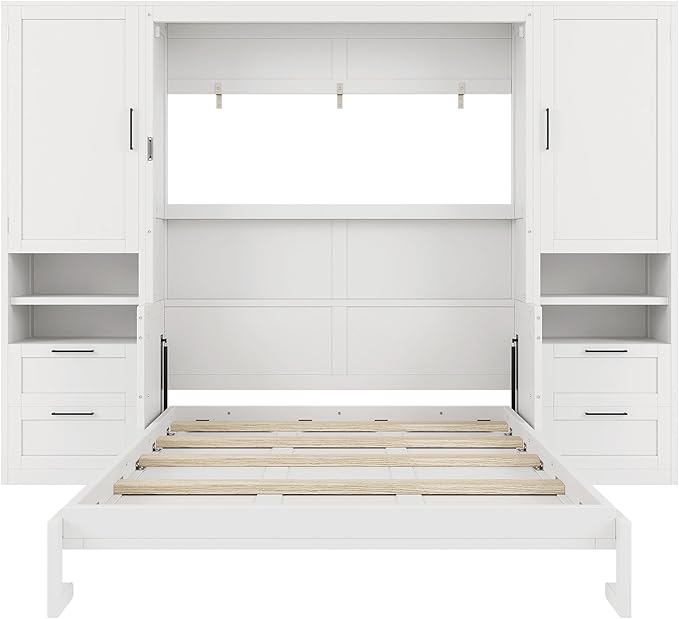 Merax Queen Size Murphy Bed with Desk, Multifunctional Foldable Wall Bed with Closet, Drawers and Shelves, Space-Saving Wood Platform Bed Frame for Small Spaces Studio Study Office Guest Room, White
