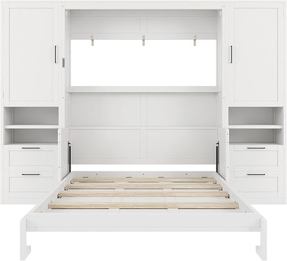 Merax Queen Size Murphy Bed with Desk, Multifunctional Foldable Wall Bed with Closet, Drawers and Shelves, Space-Saving Wood Platform Bed Frame for Small Spaces Studio Study Office Guest Room, White