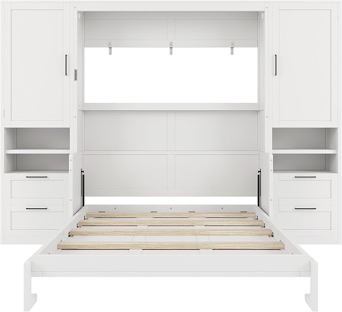 Merax Queen Size Murphy Bed with Desk, Closet, Drawers and Shelves, Fold into the Wall, Space-Saving Foldable Wood Platform Bed Frame for Small Spaces Studio Study Office Guest Room, White