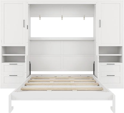 Merax Queen Size Murphy Bed with Desk, Closet, Drawers and Shelves, Fold into the Wall, Space-Saving Foldable Wood Platform Bed Frame for Small Spaces Studio Study Office Guest Room, White