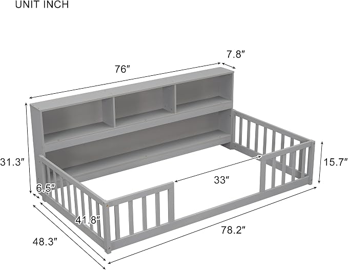 Bellemave Kids Montessori Floor Bed Twin Size,Floor Bed Frame with Bookcase and Shelves for Kids Boys Girls,Twin,Gray