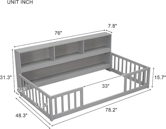 Bellemave Kids Montessori Floor Bed Twin Size,Floor Bed Frame with Bookcase and Shelves for Kids Boys Girls,Twin,Gray