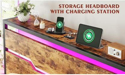 Homkdom King Size Bed Frame with USB Ports & LED Lights, Headboard Shelf, Heavy Duty Metal Platform with 10.24" Underbed Storage, Noise-Free Slats, No Box Spring Needed, Modern Brown
