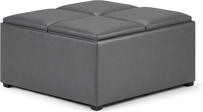 SIMPLIHOME Avalon Wide Contemporary Square Coffee Table Storage Ottoman, Stone Grey, Table Ottoman