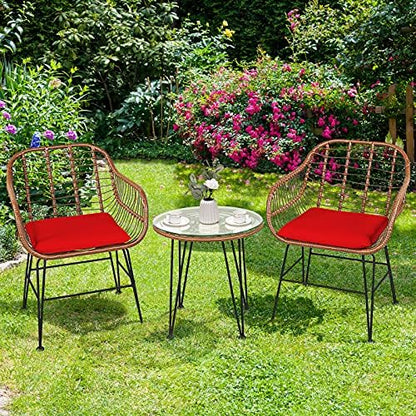 Tangkula 3 Pieces Patio Conversation Bistro Set, Outdoor Wicker Furniture w/Round Tempered Glass Top Table & 2 Rattan Armchairs, Bistro Chat Set w/Seat Cushions for Porch, Backyard, Garden