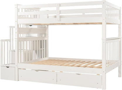 RUNNA Full Over Full Bunk Bed, Convertible, Storage Stairs White | Full over full bunk bed, convertible split design, storage stairs, solid pine wood, guardrails, no box spring needed,White