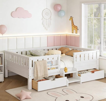 Bellemave Queen Size Kids Bed with high Rails and with Built-in Bookshelf and Drawers for Kids, Girls, Boys, Wood Montessori Bed Without Door, White