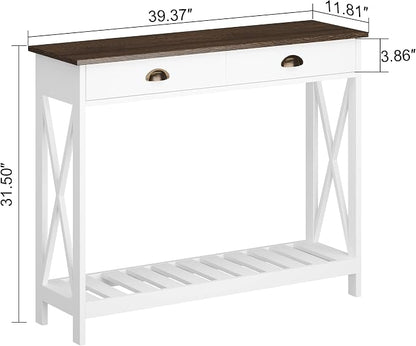 ChooChoo Farmhouse Console Table with Drawer for Entryway, Narrow Long Entry Table with Shelf for Living Room, Rustic Vintage Hallway Sofa Table with Stable X Supports, 40 White