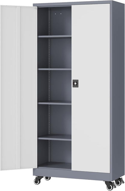Fesbos Metal Rolling Storage Cabinet-74.6” Tall Steel File Cabinets with Wheels Lockable Doors and Adjustable Shelves-Gray & White Steel Storage Cabinet for Home, School, Office, Garage