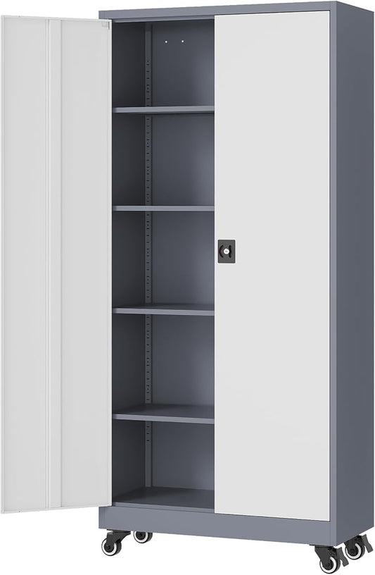 Fesbos Metal Rolling Storage Cabinet-74.6” Tall Steel File Cabinets with Wheels Lockable Doors and Adjustable Shelves-Gray & White Steel Storage Cabinet for Home, School, Office, Garage