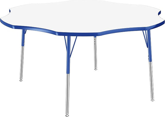 FDP Dry-Erase Flower Activity School and Office Table (60 inch), Standard Legs with Swivel Glides for Collaborative Spaces, Adjustable Height 19-30 inches - Whiteboard Top, Blue Edge and Blue Legs