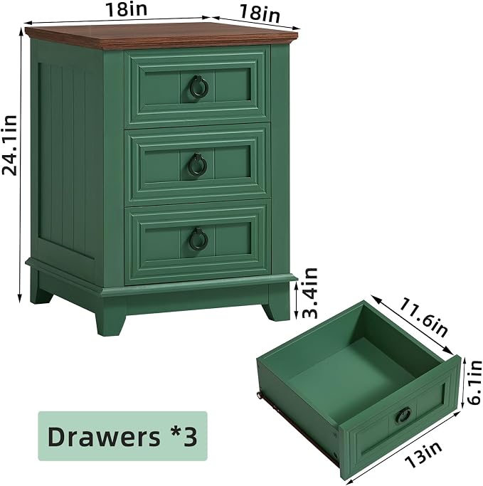 Joaxswe Farmhouse Night Stand, 18" End Table with 3 Drawer Metal Handle, Sofa Bed Side Table Chest of Drawers,Wood Nightstand Cabinet for Organizer, Living Room-Green