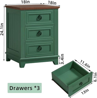 Joaxswe Farmhouse Night Stand, 18" End Table with 3 Drawer Metal Handle, Sofa Bed Side Table Chest of Drawers,Wood Nightstand Cabinet for Organizer, Living Room-Green