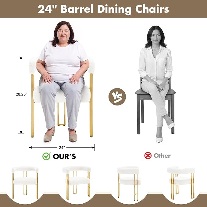 Hyfirm Set of 6 Modern White Boucle Dining Chairs with Gold Metal Legs, Mid Century Accent Upholstered Barrel Armchairs with Open-Back for Kitchen, Dining Room, Living Room, Apartment