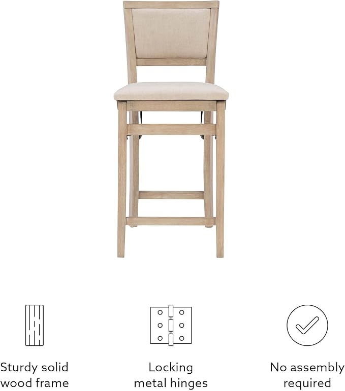 Linon Keira Natural Rustic Wooden Folding 25 Inch Seat Height Counter Stool with Beige Upholstered Seat and Back