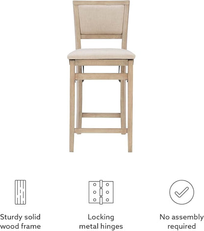 Linon Keira Natural Rustic Wooden Folding 25 Inch Seat Height Counter Stool with Beige Upholstered Seat and Back