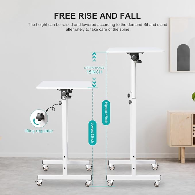 KOUPA Adjustable Height Standing Desk, 24 in Writable Tempered Glass Desktop with Eraser, 360° Flip, Wheels – Ideal for Small Spaces and Home Offices, White(Adjustable Height: 32-47 in)