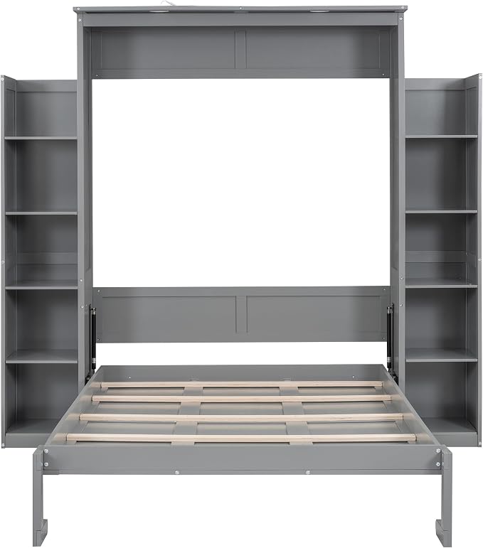 Ball & Cast Full Size Murphy Bed Wall Bed with Shelves and LED Lights,can be Folded,Hideaway Cabinet Bedframe W/ 2 Five-Layer Cabinets,Slat Support,No Box Spring Needed,for Apartment,Bedroom,Gray