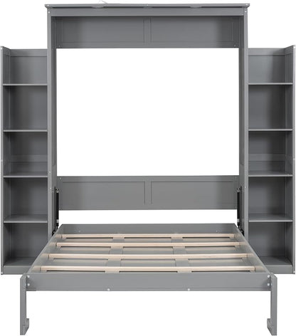 Ball & Cast Full Size Murphy Bed Wall Bed with Shelves and LED Lights,can be Folded,Hideaway Cabinet Bedframe W/ 2 Five-Layer Cabinets,Slat Support,No Box Spring Needed,for Apartment,Bedroom,Gray