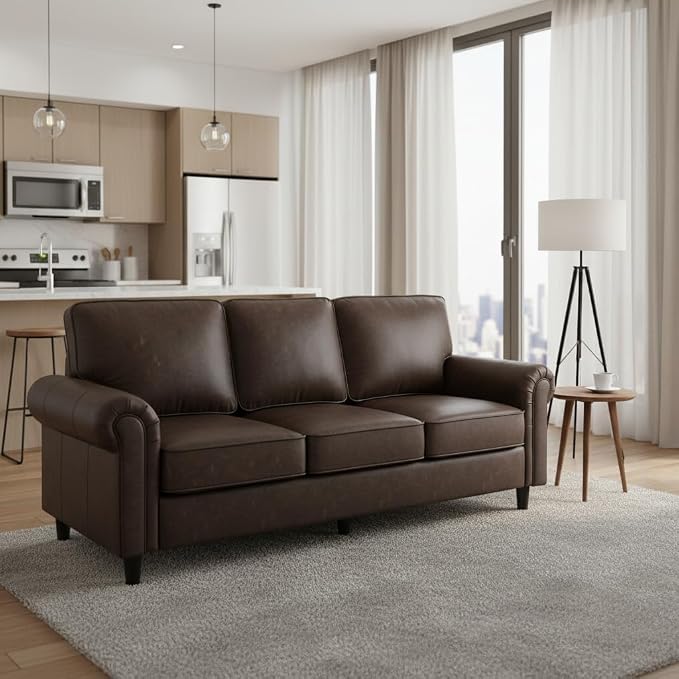 Kingfun Faux Leather 3 Seater Couch, Mid Century Modern Sofa with Rolled Arms and Deep Seats, Fluffy Comfort for Living Room, Apartment, Easy Assembly, Cocoa