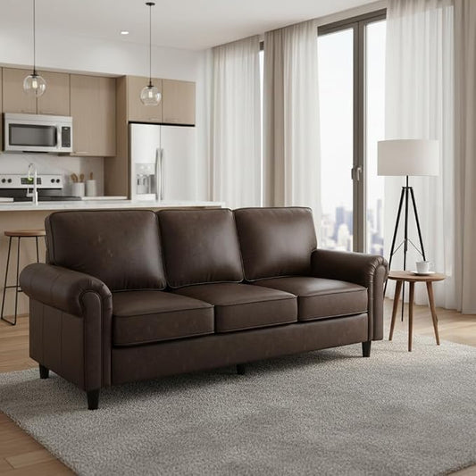 Kingfun Faux Leather 3 Seater Couch, Mid Century Modern Sofa with Rolled Arms and Deep Seats, Fluffy Comfort for Living Room, Apartment, Easy Assembly, Cocoa