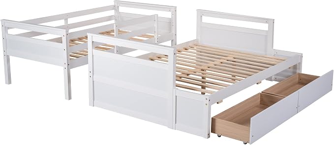 Twin Over Full Bunk Beds with 2 Under Bed Storage Drawers, Stronger & More Stable Bunkbed, White