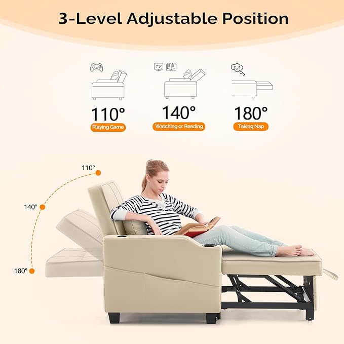 VINGLI Sofa Bed Chair Recliner, 3-in-1 Convertible Sleeper Sofa Chair Bed Beige Daybed Pull Out Couch Bed with Adjustable Backrest, USB Ports, Cup Holders for Small Spaces Living Room