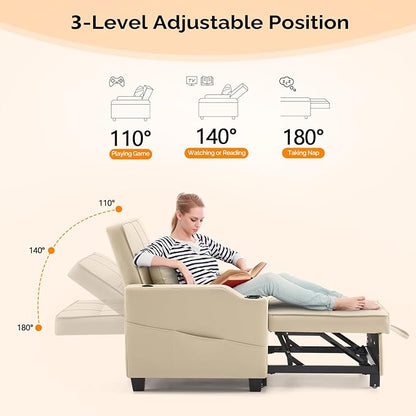 VINGLI Sofa Bed Chair Recliner, 3-in-1 Convertible Sleeper Sofa Chair Bed Beige Daybed Pull Out Couch Bed with Adjustable Backrest, USB Ports, Cup Holders for Small Spaces Living Room