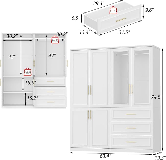 WOODTIME Wardrobe Closet with 2 Hanging Rods, 6 Framed Doors & 3 Drawers, Modern Wooden Armoire with Glass Doors & 4 Shelves, Clothes Storage Cabinet Organizer for Bedroom Apartment, White