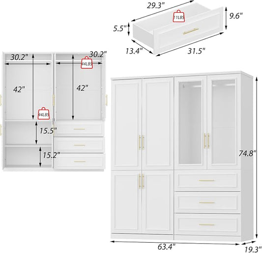 WOODTIME Wardrobe Closet with 2 Hanging Rods, 6 Framed Doors & 3 Drawers, Modern Wooden Armoire with Glass Doors & 4 Shelves, Clothes Storage Cabinet Organizer for Bedroom Apartment, White