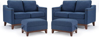 HAOMARKETS 4 Piece Fabric Sofa Set with Nailhead Trim, Included 2 Loveseat 2-Seater Couch with Thicked Cushion and 2 Upholstered Storage Ottoman with Flip-Top Table, Living Room Furniture Set,Blue