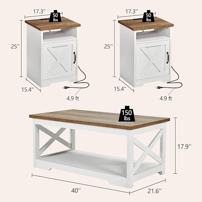 LUXOAK 3-Piece Farmhouse Living Room Table Sets, Includes 1 x Coffee Table, 2 x End Tables with Charging Station & USB Ports, Rustic Coffee Table Set of 3, Distressed White