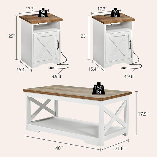 LUXOAK 3-Piece Farmhouse Living Room Table Sets, Includes 1 x Coffee Table, 2 x End Tables with Charging Station & USB Ports, Rustic Coffee Table Set of 3, Distressed White