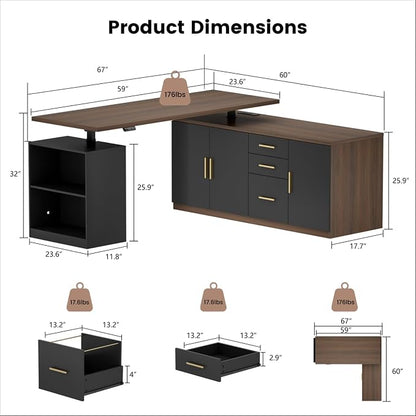 ModernMate L Shaped Electric Standing Desk with Drawers & File Cabinet, 67x60 Corner Executive Workstation, 59" One-Piece Desktop, Height Adjustable with Charging Station for Home Office, Black Walnut