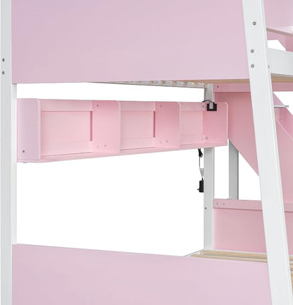 Wood Bunk Bed Twin Over Full with Staircase and Side Shelves | Striped-Design Staircase, Built-In Light Strip, Space-Saving Design, Kids Teens Adults, Versatile Bed Frame