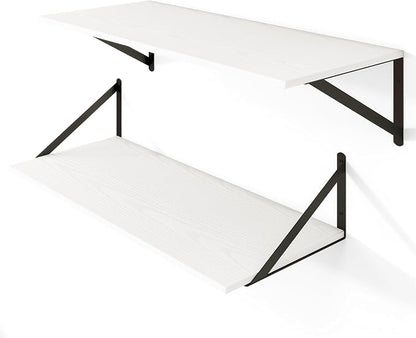 Heimlove White Deep Floating Shelves for Wall, 28W x 12D Wood Wall Shelves Set of 2, Wide Floating Bookshelf for Living Room, Kitchen, Office, Bedroom and Decor Storage, with Black Bracket - White