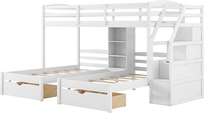 VilroCaz Twin Size Triple Bunk Bed with Drawers and Staircase, Solid Wood Bunk Bed Frame with Safety Full-Length Guardrail and Built-in Shelves, 3 Beds in 1 for Kids Teens Adults