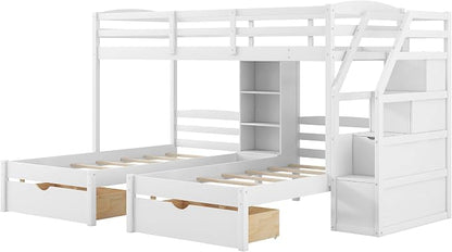VilroCaz Twin Size Triple Bunk Bed with Drawers and Staircase, Solid Wood Bunk Bed Frame with Safety Full-Length Guardrail and Built-in Shelves, 3 Beds in 1 for Kids Teens Adults