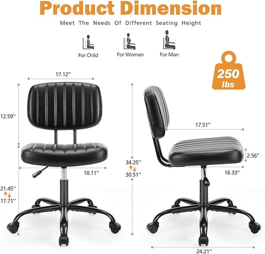 Sweetcrispy Small Office Desk Chair, Armless PU Leather with Comfy Lumbar Support, Height Adjustable Rolling Swivel Task for No Arms, for Adult, Student, Bedroom, Home, Vanity, Black