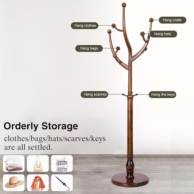 Wooden Coat Rack Freestanding, Hall Tree Hanger With Resin Hooks, Adjustable Heavy Duty Coat Rack for Hanging Clothes Bags Hats in Living Room Bedroom (coat rack, Tree Hook)